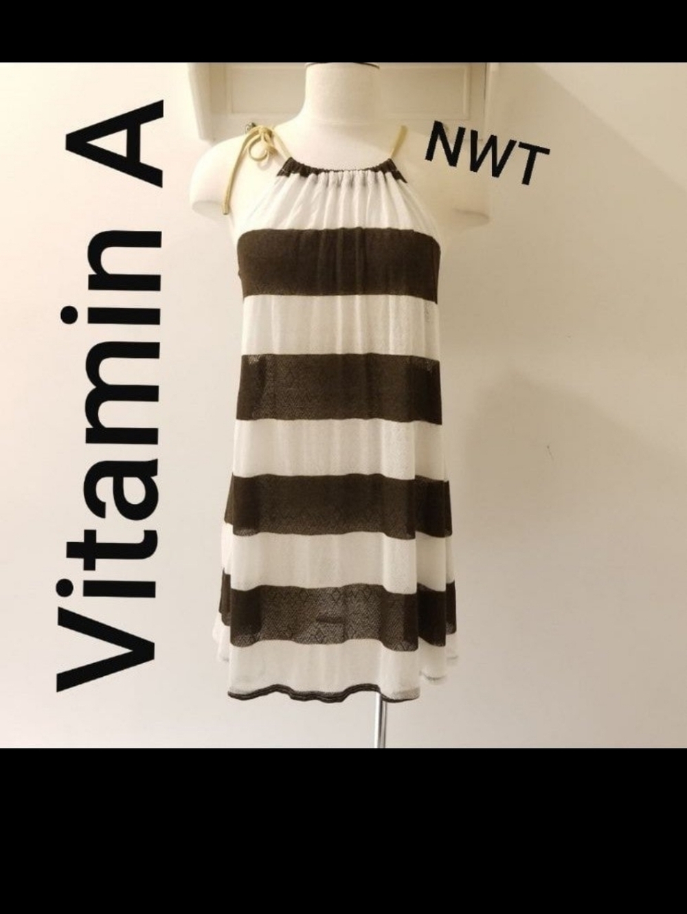 Vitamin A Brown & White Stripe High Neck Sleeveless Cover Up Dress Sz M NWT $138 - Picture 8 of 8